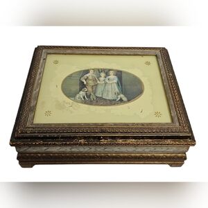 Antique Victorian Wooden Jewelry Trinket Box Glass Top Lid Mirrored Dresser Gold